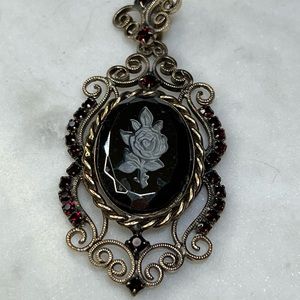 Vintage Black Onyx Carved Rose Red Rhinestone Necklace Pendant - 2”